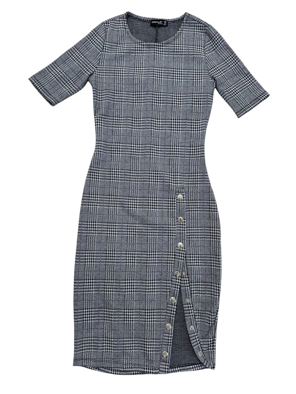 Popular Basics Plaid Bodycon Midi Dress Women’s XS Black White Check Snap Button